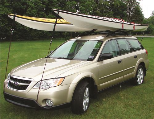 Kayaks Secured to Vehicle with Bow/Stern Straps (front view)