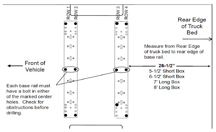 Diagram showing measurement from rail to rear edge of bed is 26-1/2 inches