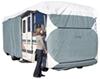 Classic Accessories PolyPro III Deluxe RV cover being placed on RV by a woman.