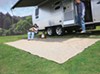 RV patio with awning extended, a patio mat, and person sitting outside.