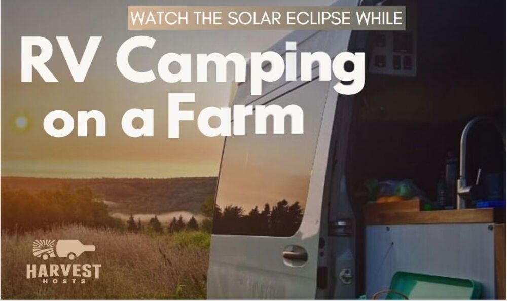 Camper van overlooking scenic sunset with title and Harvests Hosts logo