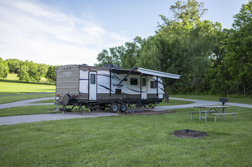 Travel trailer parked in beautiful green campground.