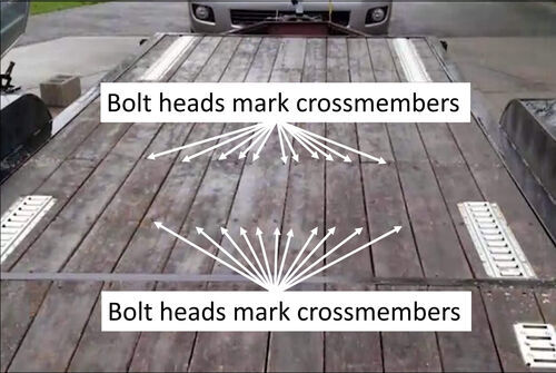 Bolt heads marking crossmembers on flatbed trailer