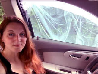 Amber S in Vehicle with Mosquito Net on Window