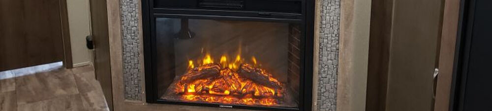 RV fireplace in RV living room.