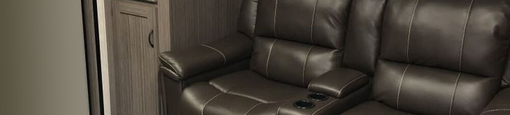 Thomas Payne brown leather RV sofa.
